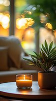 Glowing candle and small potted plant on wooden table with soft bokeh lights creating cozy evening atmosphere. Peaceful home decor setting with warm ambient lighting.