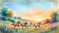 Herd of horses running through golden meadow at sunset with wildflowers, rolling hills and trees in warm landscape scenery for wall art and home decor.