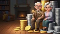 Elderly couple sitting on stacks of coins in cozy home interior planning retirement savings and financial security for golden years.