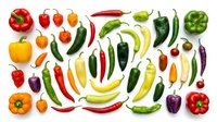 Red, yellow, orange and green fresh peppers, chili peppers and banana peppers arranged on white background, isolated vegetables for cooking and healthy eating.