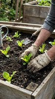 Gardener hands in work gloves planting young green seedlings in wooden raised garden bed with rich dark soil for organic vegetable cultivation and sustainable farming.