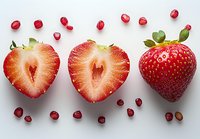 Fresh strawberry composition with halved berries showing juicy red interior and whole strawberry on white background with pomegranate seeds.