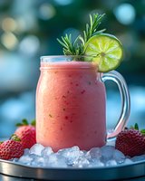 Fresh strawberry smoothie in mason jar garnished with lime slice, rosemary sprig and ice cubes, surrounded by whole strawberries on blue bokeh background.