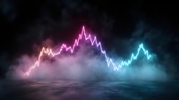 Glowing neon line graph emerging from misty ground against dark background with pink and blue gradient lighting effects creates futuristic financial concept.