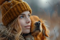 Young Caucasian woman with blue eyes wearing mustard knit beanie embraces golden retriever dog outdoors in autumn. Close-up portrait showing emotional bond and companionship.