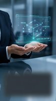 Businessman hands presenting holographic data validation interface with geometric network connections for cybersecurity and digital verification concepts.