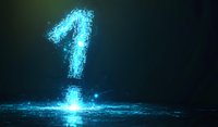 Glowing blue number one composed of luminous particles floating above reflective surface with magical light effects and dark background.