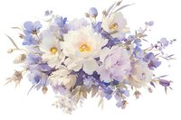 Delicate watercolor floral arrangement featuring white peonies and purple iris blooms with soft beige leaves on isolated background. Suitable for wedding stationery.