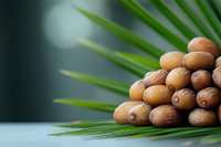 Fresh dates fruit pile on palm leaf with tropical green background for healthy organic food and natural nutrition concepts.