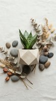Snake plant in geometric concrete planter surrounded by dried flowers, eucalyptus branches and smooth stones on neutral background for home decor styling.