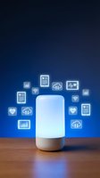 Smart speaker device with glowing healthcare and data icons floating above on blue gradient background for IoT and telemedicine applications.