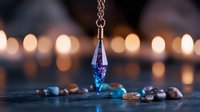 Magical crystal pendant with blue and purple liquid on dark background surrounded by healing stones and blurred golden bokeh lights.