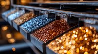 Colorful glitter powder in black display trays with copper, blue, and gold sparkles creating magical bokeh effect. Craft supplies for decoration and art projects.