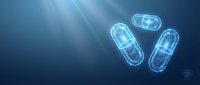 Three glowing polygonal capsule pills float on a dark blue background with light rays and a medical cross symbol.