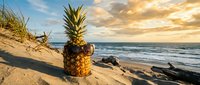 Fresh pineapple with sunglasses on sandy beach at sunset with ocean waves and driftwood creating tropical vacation atmosphere for summer travel concepts.
