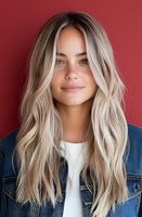 Young Caucasian woman with long wavy platinum blonde hair and natural makeup wearing denim jacket and white top against burgundy background, smiling gently at camera.