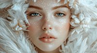 Young woman with bright blue eyes and coral lips surrounded by white feathers and sparkly glitter makeup in dreamy winter fashion portrait.