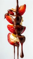 Fresh strawberries and banana slices on skewer with dark chocolate sauce dripping down, captured against white background for dessert and confectionery advertising.