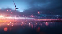 Futuristic wind turbines against dramatic sunset sky with glowing lights reflecting on water surface, creating atmospheric sci-fi landscape with bokeh effect.