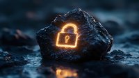 Glowing orange neon padlock symbol carved into dark stone against moody background, representing digital security and data protection concepts.