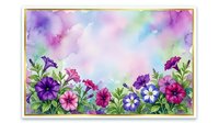 Watercolor floral border with purple pink petunias and pansies on soft pastel background for greeting cards invitations and spring decorations.