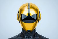 Futuristic golden robot head with black visor and sleek design against light background, showcasing advanced cybernetic technology and artificial intelligence concept.