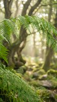 Lush green fern fronds creating natural frame in sunlit forest with soft bokeh background for nature and botanical designs.