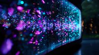 Glowing purple and blue bokeh lights create magical atmosphere on dark glass surface with water drops, reflecting urban nighttime ambiance in soft focus.