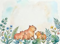 Watercolor capybara family with babies surrounded by tropical plants and flowers on soft pastel background for nursery decor and children designs.