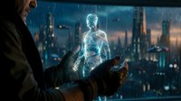 Businessman holding glowing digital human hologram above cityscape at night, representing artificial intelligence, technology innovation, and future business solutions.