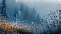 Magical glowing silhouette of child holding dandelion in misty forest at dusk, surrounded by wild grass and bokeh lights creating dreamy atmosphere.