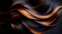 Flowing waves of dark and copper hair strands creating abstract pattern on black background, highlighting natural movement and shine in hairstyling and beauty industry.