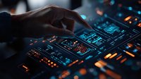 Professional hand operating advanced digital mixing console with illuminated controls and displays in dark studio environment for audio production.
