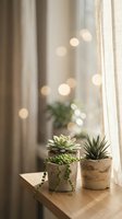 Small succulent plants in concrete pots on wooden windowsill with warm bokeh lights creating cozy home atmosphere for interior design and decor.