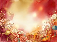 Festive lunar new year celebration background with red and gold lanterns, blooming peonies, ornamental clouds, and traditional decorative elements arranged on crimson gradient backdrop with glowing center space for text or design overlay.