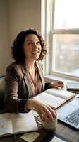 Happy businesswoman with curly hair working at desk with laptop and documents in bright office space near window for professional workplace concepts.
