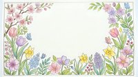 Watercolor spring floral border frame with tulips, daffodils, cherry blossoms and butterflies, pastel colors, white copy space center.