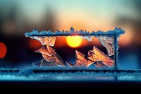 Delicate ice crystals with intricate frost patterns catching golden sunset light on winter surface creating magical frozen nature scene for seasonal designs.
