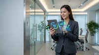 Professional Asian businesswoman using smartphone with holographic digital interface in modern office environment for technology and business applications.