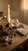 Mystical fortune telling setup with crystal ball, tarot cards, candle and amethyst crystals on wooden table for spiritual divination practices.