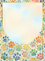 Colorful watercolor paw prints frame this blank center space in rainbow hues, perfect for greeting cards, invitations, pet-themed designs, and animal lover stationery projects.