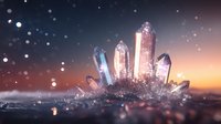 Glowing crystal cluster formation with magical sparkles against sunset sky background, creating mystical atmosphere with bokeh light effects and reflective surface.