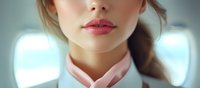 Close up portrait of young Asian woman flight attendant with pink lipstick and professional makeup wearing uniform, showing elegant service smile.