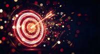Glowing red target with arrow hitting bullseye center surrounded by sparkling particles and bokeh lights on dark background for business success concepts.