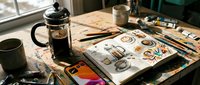 Artist workspace with coffee press, watercolor paints, brushes and creative sketches on wooden table. Perfect for design projects and artistic inspiration.