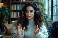 Young mixed race woman with curly hair wearing white turtleneck sweater and wireless headphones gestures emotionally while having online conversation at home office.