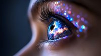 Close-up of human eye with cosmic galaxy reflection and glittering makeup. Futuristic beauty concept with starry universe in iris for fantasy art projects.
