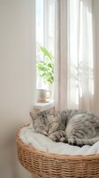 Adorable gray tabby cat sleeping peacefully in wicker basket by sunny window with white curtains and coffee cup on windowsill creating cozy home atmosphere.