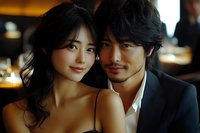 Young Asian couple in intimate embrace at upscale restaurant, romantic dinner date with warm ambient lighting for lifestyle and relationship content.