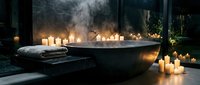 Luxurious outdoor bathtub surrounded by glowing candles and steam, creating a serene spa atmosphere for relaxation and wellness design projects.